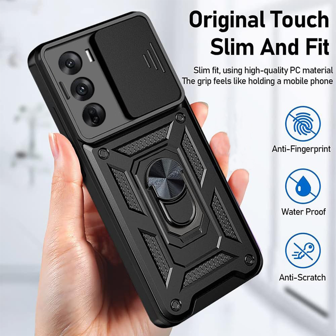 Oppo Reno 12/12 PRO 5G Armor Case with Slide Camera Cover[Military Grade 16ft. Drop Tested] Magnetic Ring Kickstand Protective Phone Case