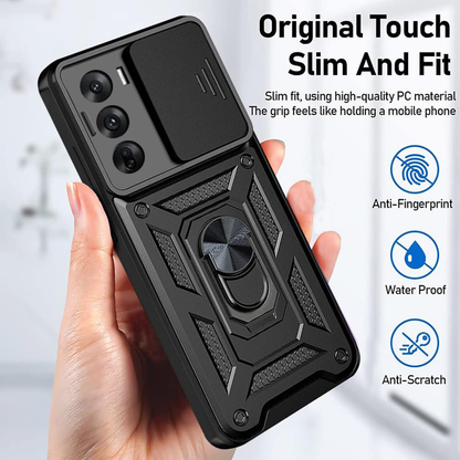 Oppo Reno 12/12 PRO 5G Armor Case with Slide Camera Cover[Military Grade 16ft. Drop Tested] Magnetic Ring Kickstand Protective Phone Case