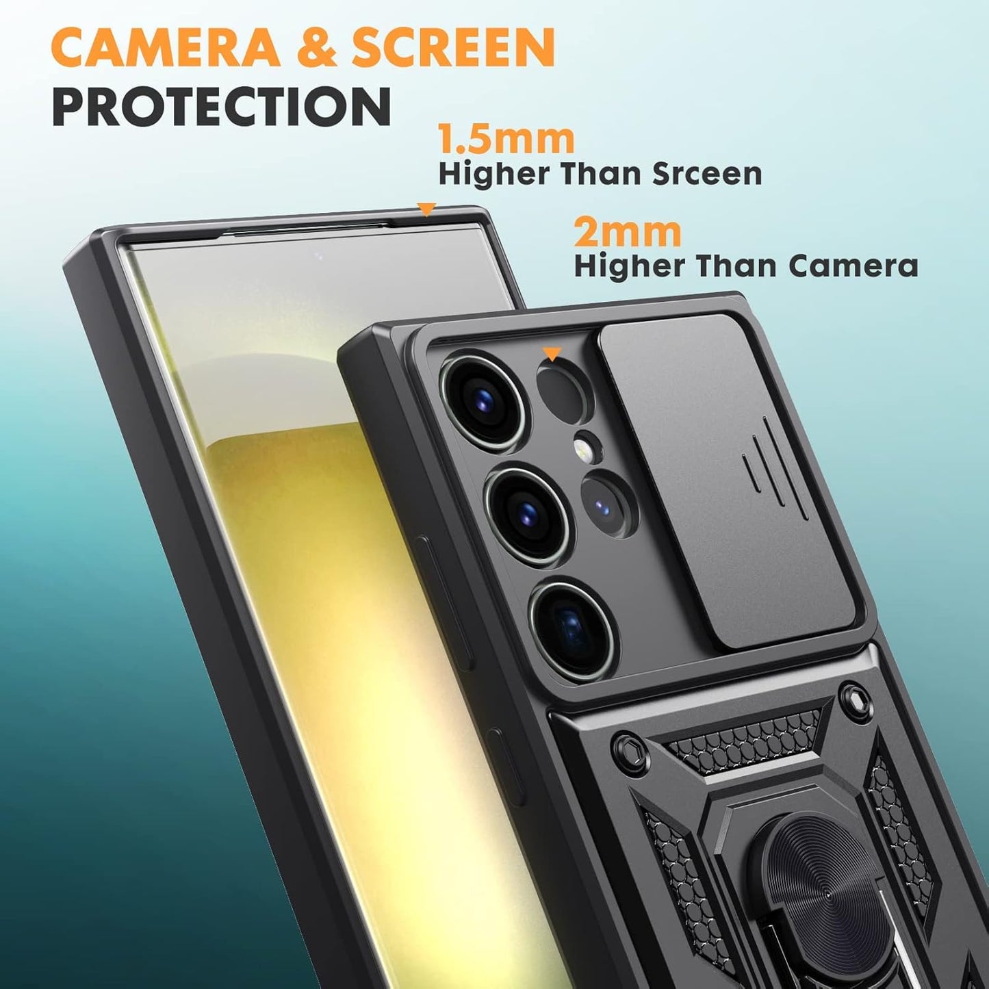 Galaxy S24 ULTRA 5G Armor Case with Slide Camera Cover[Military Grade 16ft. Drop Tested] Magnetic Ring Kickstand Protective Phone Case